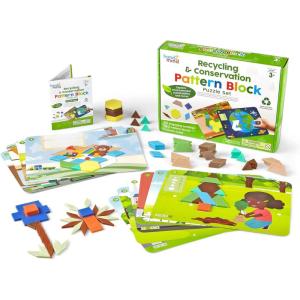 hand2mind Animals and Insects Pattern Block Puzzle Set, Tangram Puzzle, Geometric Shapes for Kids, Pattern Blocks Cards, Pattern Play, Toddler Battern Blocks, Kindergarten Learning Activities(Recycling and Conservation Set)