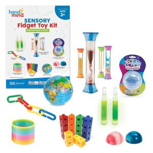 hand2mind Sensory Fidget Toy Kit, Play Therapy Toys, Fidget Tube, Mini Glow Sticks, Play Foam, Stress Ball, Anxiety Sensory Items, Occupational Therapy Toys, Calm Down Corner Supplies (128 Pieces)(Sensory Fidget Kit)