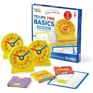 Hand2Mind Telling Time Basics Center Kit – Learn to Tell Time Activity Set with Analog Classroom Clock for Kids, Yellow
